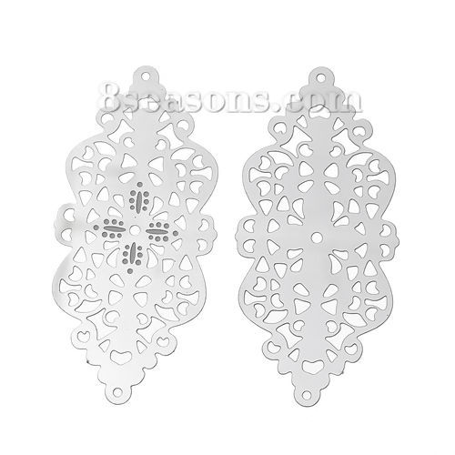 Imagen de Conectores Filigrana Estampación 304 Acero Inoxidable de Bowknot Tono de Plata Hueco Patrón 51mm x 24mm, 20 Unidades