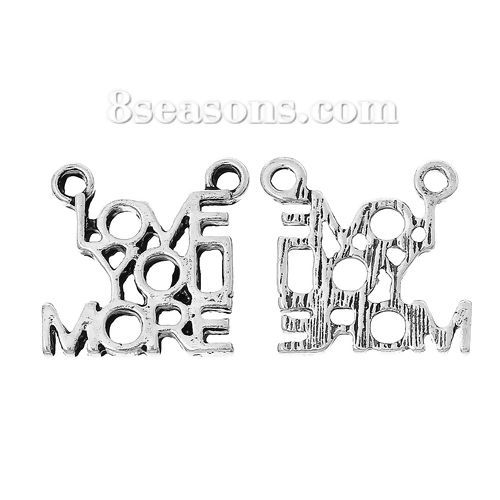 Picture of 2 PCs Zinc Based Alloy Positive Quotes Energy Connectors Charms Pendants Antique Silver Color Message " LOVE YOU MORE " Hollow 17mm x 16mm