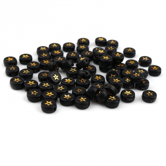 Picture of Acrylic Galaxy Beads Flat Round Black & Gold Star Pattern About 7mm Dia., Hole: Approx 1.5mm, 500 PCs