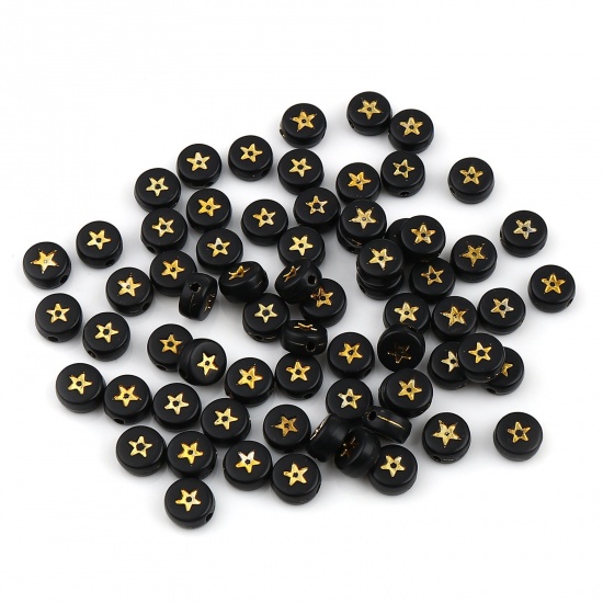 Picture of Acrylic Galaxy Beads Flat Round Black & Gold Star Pattern About 7mm Dia., Hole: Approx 1.5mm, 500 PCs