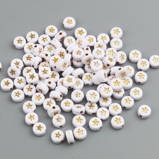 Picture of Acrylic Galaxy Beads Flat Round White & Golden Star Pattern About 7mm Dia., Hole: Approx 1.5mm, 500 PCs
