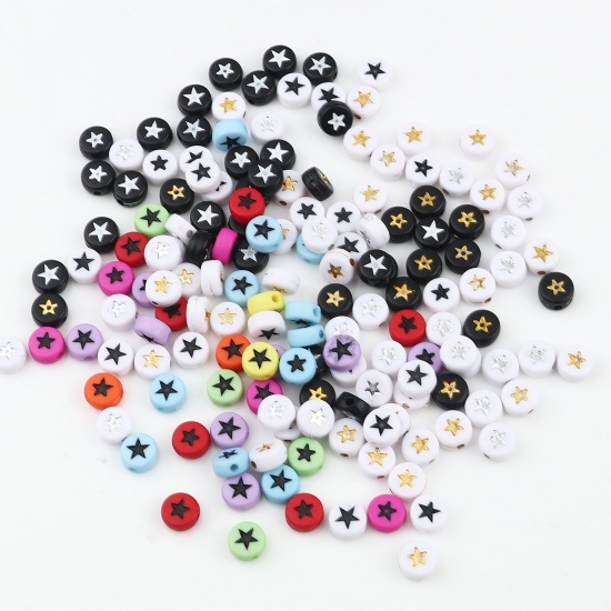 Picture of Acrylic Galaxy Beads Flat Round White & Golden Star Pattern About 7mm Dia., Hole: Approx 1.5mm, 500 PCs