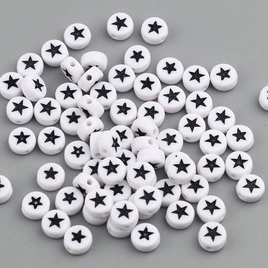 Picture of Acrylic Galaxy Beads Flat Round Black & White Star Pattern About 7mm Dia., Hole: Approx 1.5mm, 500 PCs