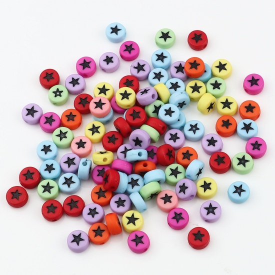Picture of Acrylic Galaxy Beads Flat Round At Random Color Star Pattern About 7mm Dia., Hole: Approx 1.5mm, 500 PCs