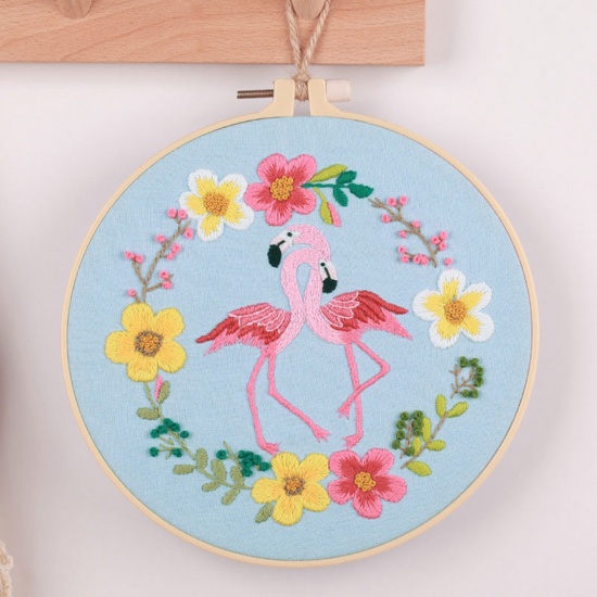 Picture of Cotton & Linen Embroidery Kit Package DIY Handmade Decoration Flamingo Multicolor Flower Leaves 30cm x 30cm, 1 Set