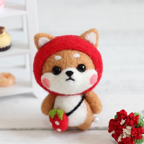 Picture of Wool Neddle Felting Wool Felt Tools Craft Accessories Shiba Inu Dog Strawberry Red & Brown 68mm x 45mm, 1 Set