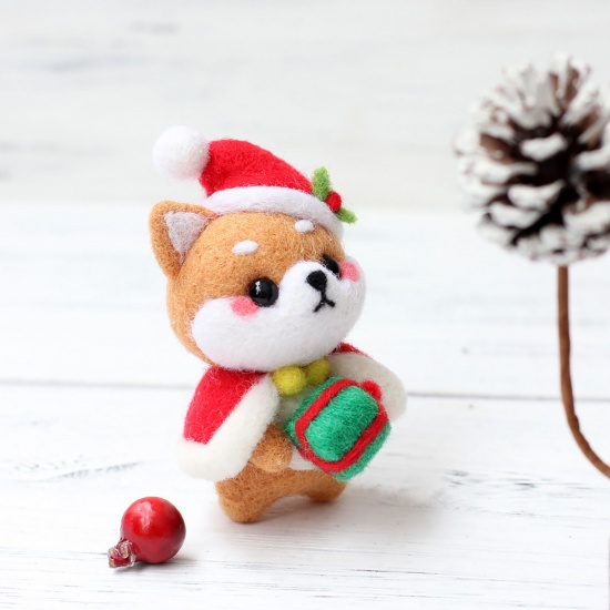 羊毛 ニードルフェルティングウールフェルトツールクラフトアクセサリー 柴犬 クリスマスの帽子 ブラウン 73mm x 50mm、 1 セット の画像