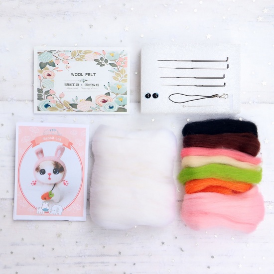 Picture of Wool Neddle Felting Wool Felt Tools Craft Accessories Cat Animal Rabbit White & Pink 75mm x 50mm, 1 Set