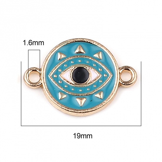 Picture of Zinc Based Alloy Connectors Round Gold Plated Green Blue Evil Eye Enamel 19mm x 13mm, 10 PCs