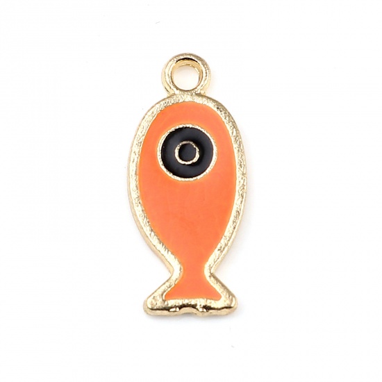 Picture of 10 PCs Zinc Based Alloy Ocean Jewelry Charms Gold Plated Black & Orange Fish Animal Evil Eye Enamel 25mm x 11mm