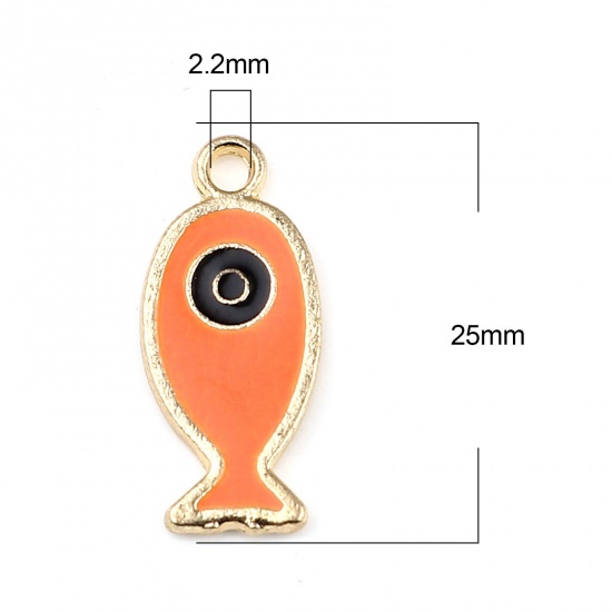 Picture of 10 PCs Zinc Based Alloy Ocean Jewelry Charms Gold Plated Black & Orange Fish Animal Evil Eye Enamel 25mm x 11mm