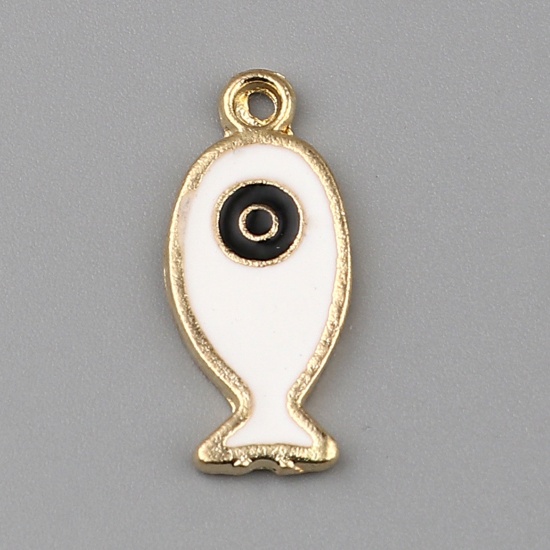 Picture of 10 PCs Zinc Based Alloy Ocean Jewelry Charms Gold Plated Black & White Fish Animal Evil Eye Enamel 25mm x 11mm