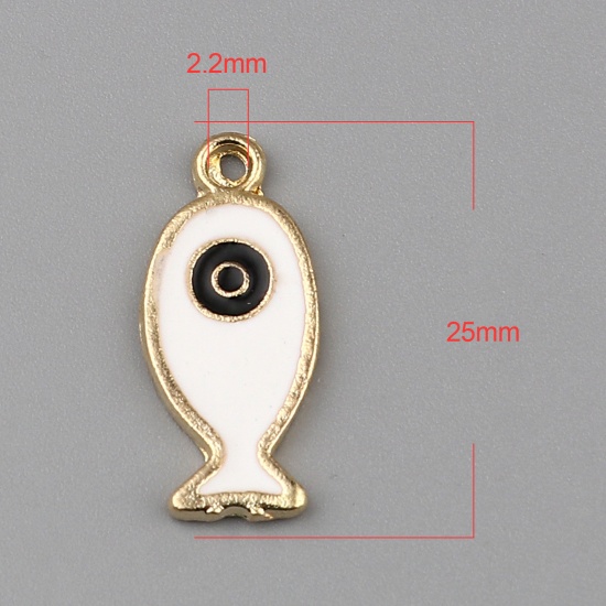 Picture of 10 PCs Zinc Based Alloy Ocean Jewelry Charms Gold Plated Black & White Fish Animal Evil Eye Enamel 25mm x 11mm