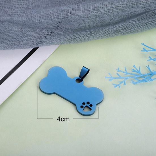 Picture of 1 Piece Stainless Steel Pet Memorial Blank Stamping Tags Pendants Bone Paw Claw Blue Double-sided Polishing 40mm x 21mm