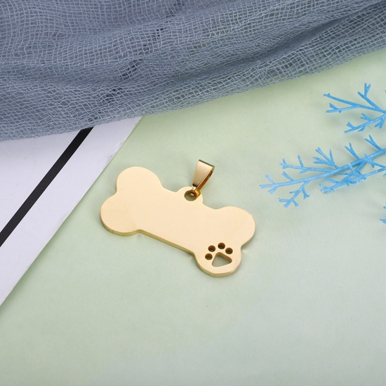 Picture of 1 Piece Stainless Steel Pet Memorial Blank Stamping Tags Pendants Bone Paw Claw Gold Plated Double-sided Polishing 40mm x 21mm
