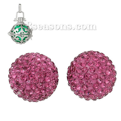 Picture of Polymer Clay Harmony Chime Ball Fit Mexican Angel Caller Bola Wish Box Pendants (No Hole) Round Fuchsia Rhinestone About 16mm( 5/8") Dia, 1 Piece
