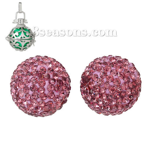 Picture of Polymer Clay Harmony Chime Ball Fit Mexican Angel Caller Bola Wish Box Pendants (No Hole) Round Pink Rhinestone About 16mm( 5/8") Dia, 1 Piece