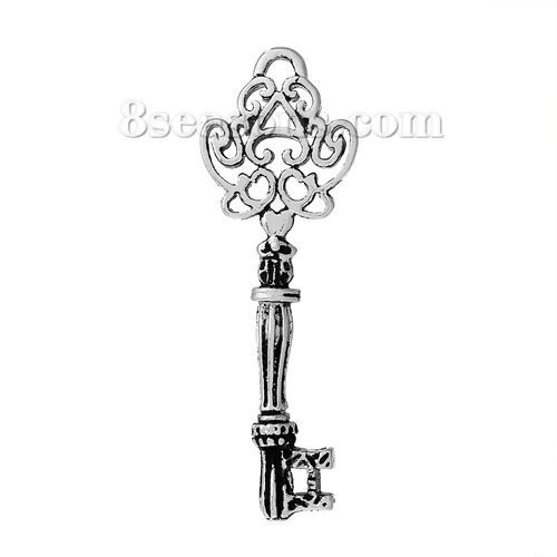 Picture of Brass Pendants Key Antique Silver Color Pattern Carved 48mm(1 7/8") x 16mm( 5/8"), 2 PCs                                                                                                                                                                      