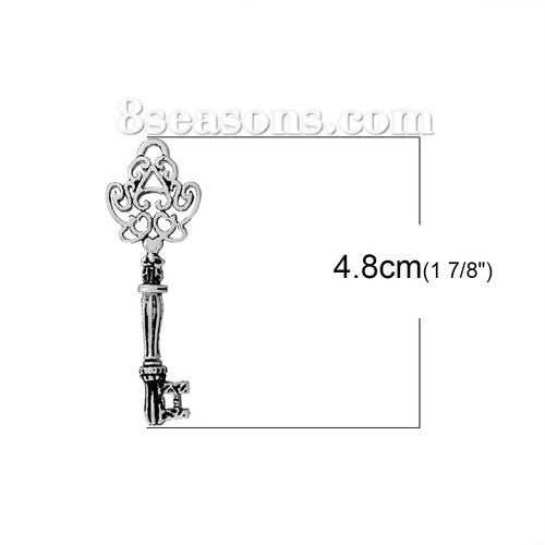Picture of Brass Pendants Key Antique Silver Color Pattern Carved 48mm(1 7/8") x 16mm( 5/8"), 2 PCs                                                                                                                                                                      