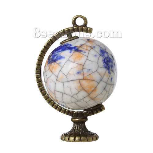 Picture of Zinc Based Alloy & Ceramics 3D Pendants Globe Antique Bronze Multicolor 37mm(1 4/8") x 25mm(1"), 2 PCs