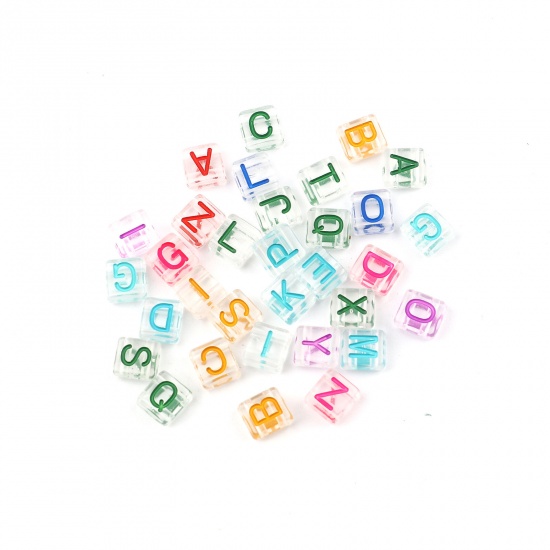 Picture of Acrylic Beads Two Holes Square At Random Color Initial Alphabet/ Capital Letter Pattern About 8mm x 8mm, Hole: Approx 1.6mm, 300 PCs