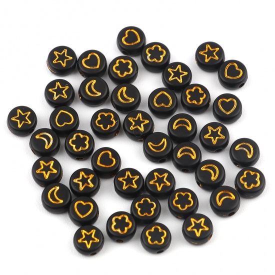 Picture of Acrylic Beads Flat Round Black & Gold Star Pattern About 7mm Dia., Hole: Approx 1.6mm, 500 PCs