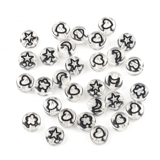 Picture of Acrylic Beads Flat Round Black Star Pattern About 7mm Dia., Hole: Approx 1.6mm, 500 PCs
