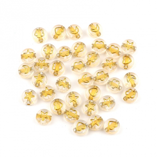 Picture of Acrylic Beads Flat Round Golden Star Pattern About 7mm Dia., Hole: Approx 1.6mm, 500 PCs