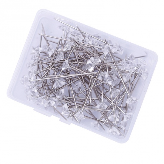 Picture of 1 Box ( 50 PCs/Box) Zinc Based Alloy & Acrylic Sewing Positioning Pin Diamond Shape Silver Tone Silver Tone 52mm x 8mm