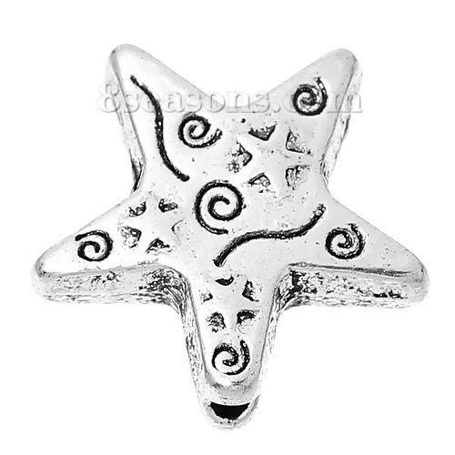 Immagine di Lega di Zinco Separatori Perline Stella a Cinque Punte Argento Antico Spirale Scolpisce Circa 14mm x 14mm, Foro:Circa 1.6mm, 50 Pz