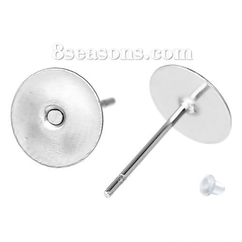Picture of 304 Stainless Steel Ear Post Stud Earrings Findings Round Flat Pad Silver Tone 12mm( 4/8") x 8mm( 3/8"), Post/ Wire Size: (21 gauge), 100 PCs