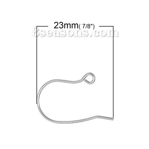 Picture of 304 Stainless Steel Ear Wire Hooks Earring Findings Silver Tone W/ Loop 23mm( 7/8") x 15mm( 5/8"), Post/ Wire Size: (20 gauge), 100 PCs