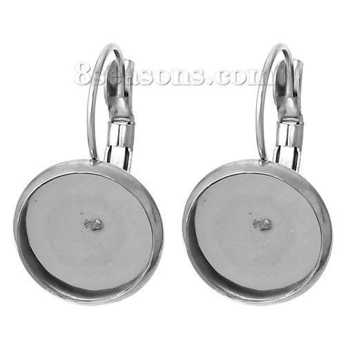 Picture of 304 Stainless Steel Lever Back Clips Earring Findings Silver Tone Cabochon Settings (Fits 12mm Dia) 23mm( 7/8") x 14mm( 4/8"), 10 PCs