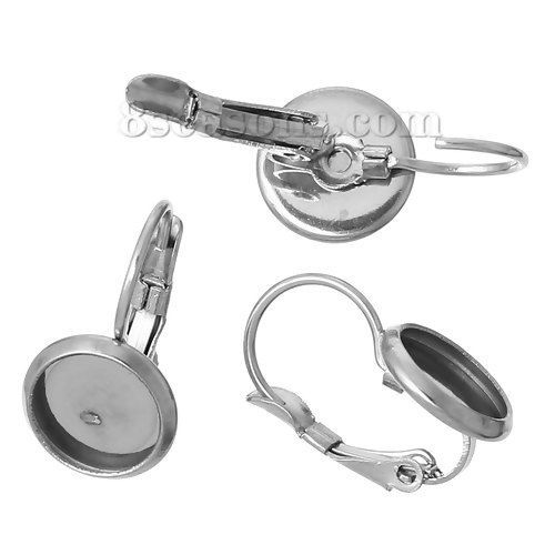 Picture of 304 Stainless Steel Lever Back Clips Earring Findings Silver Tone Cabochon Settings (Fits 12mm Dia) 23mm( 7/8") x 14mm( 4/8"), 10 PCs