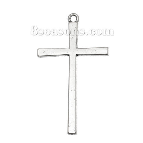 Picture of Zinc Based Alloy Easter Pendants Cross Antique Silver Color 43mm(1 6/8") x 25mm(1"), 50 PCs