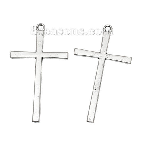 Picture of Zinc Based Alloy Easter Pendants Cross Antique Silver Color 43mm(1 6/8") x 25mm(1"), 50 PCs