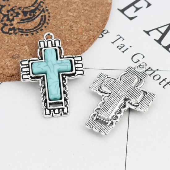 Picture of Zinc Based Alloy Easter Pendants Cross Antique Silver Color Blue Resin Imitated Turquoise 42mm(1 5/8") x 29mm(1 1/8"), 3 PCs