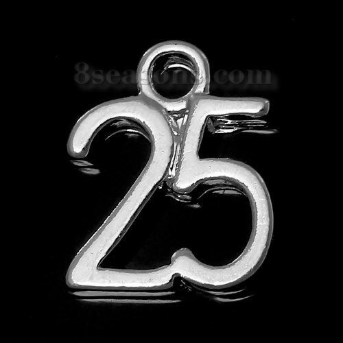 Picture of Zinc Metal Alloy Charms Number " 25 " Silver Plated 12mm( 4/8") x 10mm( 3/8"), 20 PCs