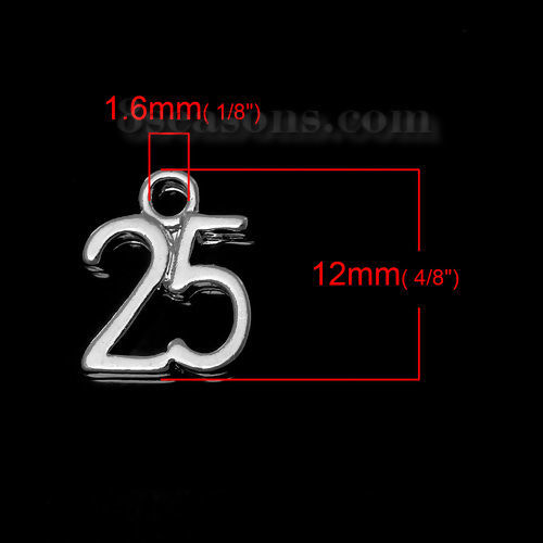 Bild von Zinklegierung Charm Anhänger Nummer Versilbert Message " 25 " 12mm x 10mm, 20 Stücke