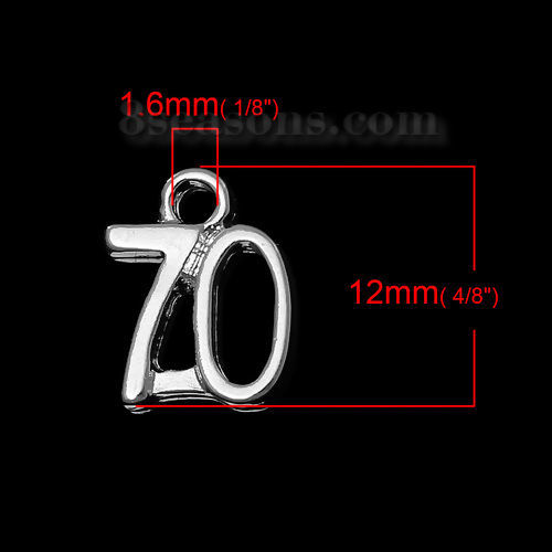 Bild von Zinklegierung Charm Anhänger Nummer Versilbert Message " 70 " 12mm x 10mm, 20 Stücke