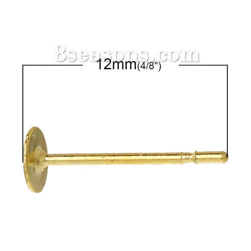 Picture of Brass Ear Post Stud Earrings Findings Round Gold Plated 12mm( 4/8") x 4mm( 1/8"), Post/ Wire Size: (21 gauge), 500 PCs                                                                                                                                        