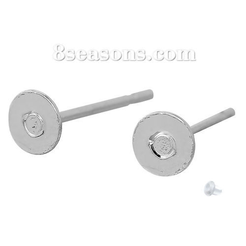 Picture of Brass Ear Post Stud Earrings Findings Round Silver Tone 12mm( 4/8") x 4mm( 1/8"), Post/ Wire Size: (21 gauge), 500 PCs                                                                                                                                        