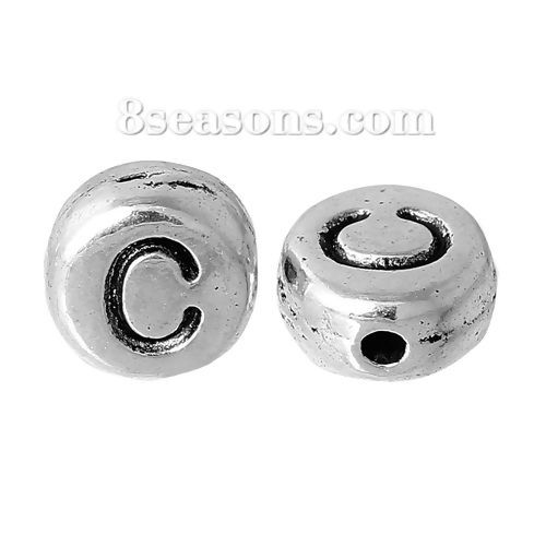 Picture of Spacer Beads Round Antique Silver Color Letter "C" Pattern Carved About 7mm Dia, Hole:Approx 1.2mm, 100 PCs