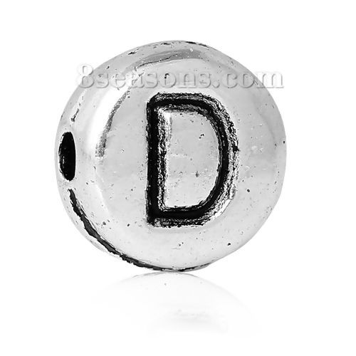 Picture of Spacer Beads Round Antique Silver Color Letter "D" Pattern Carved About 7mm Dia, Hole:Approx 1.2mm, 100 PCs