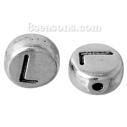 Picture of Spacer Beads Round Antique Silver Color Letter "L" Pattern Carved About 7mm Dia, Hole:Approx 1.2mm, 100 PCs