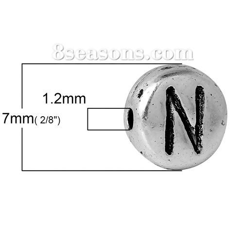 Picture of Spacer Beads Round Antique Silver Color Letter "N" Pattern Carved About 7mm Dia, Hole:Approx 1.2mm, 100 PCs