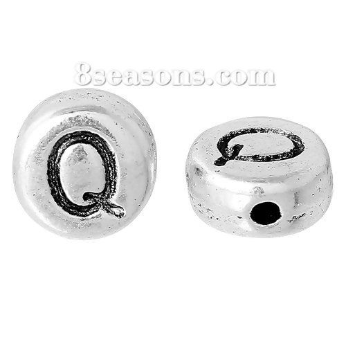 Picture of Spacer Beads Round Antique Silver Color Letter "Q" Pattern Carved About 7.0mm( 2/8") Dia, Hole:Approx 1.2mm, 100 PCs