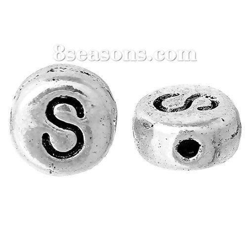 Picture of Spacer Beads Round Antique Silver Color Letter "S" Pattern Carved About 7mm Dia, Hole:Approx 1.2mm, 100 PCs