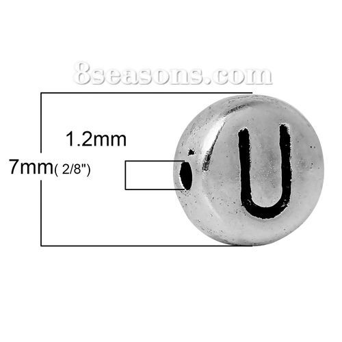 Picture of Spacer Beads Round Antique Silver Color Letter "U" Pattern Carved About 7.0mm( 2/8") Dia, Hole:Approx 1.2mm, 100 PCs