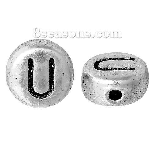 Picture of Spacer Beads Round Antique Silver Color Letter "U" Pattern Carved About 7.0mm( 2/8") Dia, Hole:Approx 1.2mm, 100 PCs